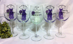 PURPLE BRIDESMAID DRESS WINE GLASSES 5 GLASSES