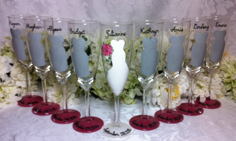 GREY BRIDESMAID DRESS FLUTES 9 glasses
