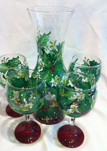 HOLLY BERRY WINE GLASS SET of 4 & CARAFE