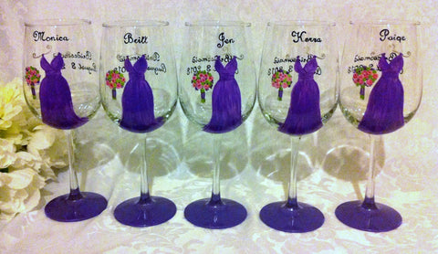 PURPLE BRIDESMAID DRESS WINE GLASSES 5 GLASSES