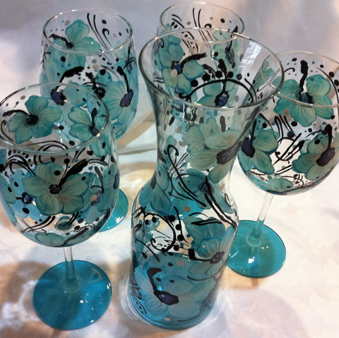 HIBISCUS CARAFE AND WINE GLASS SET of 4 glasses